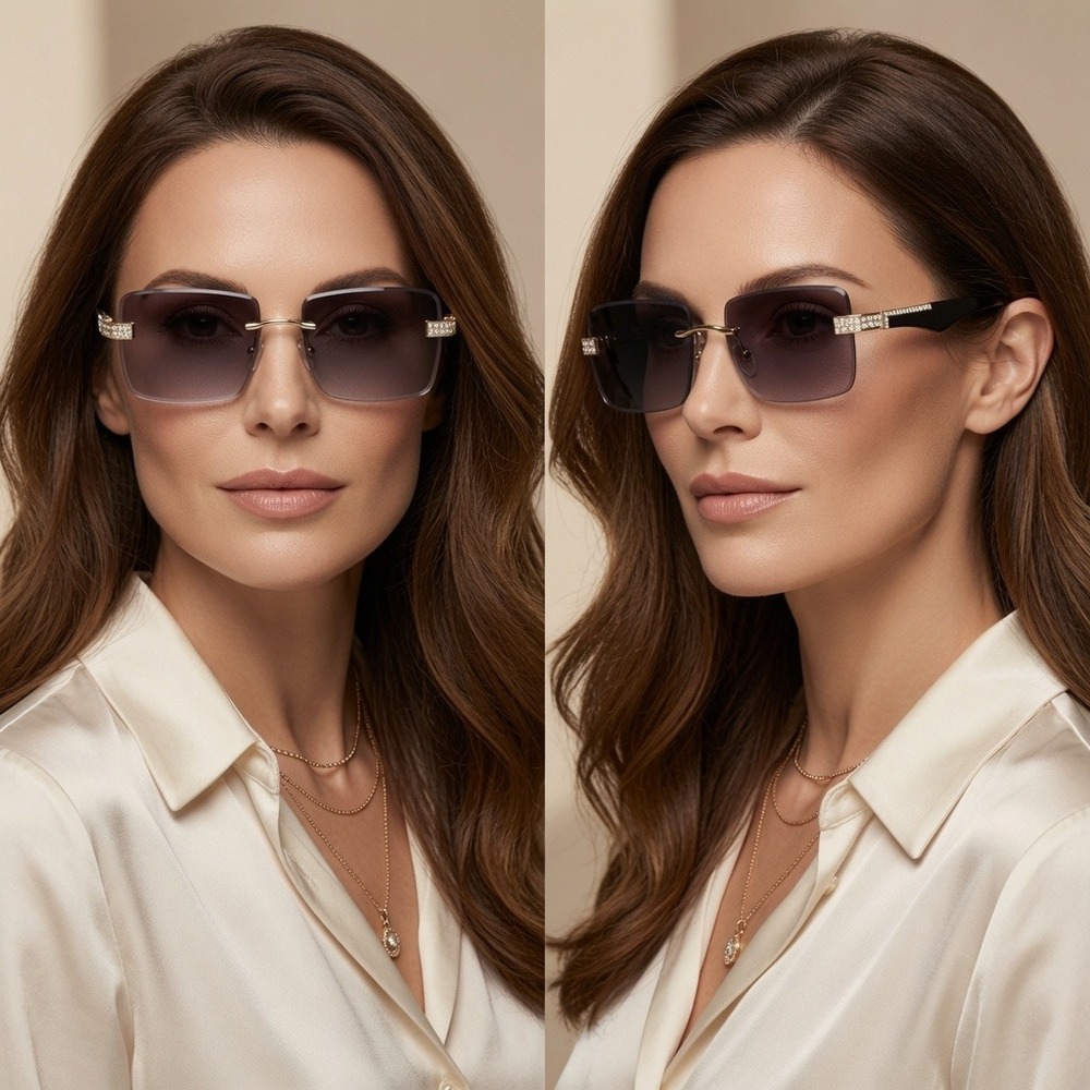 CLASSY Elegant Sophisticated Modern Retro SUN GLASSES Women Gold Rimless Frame